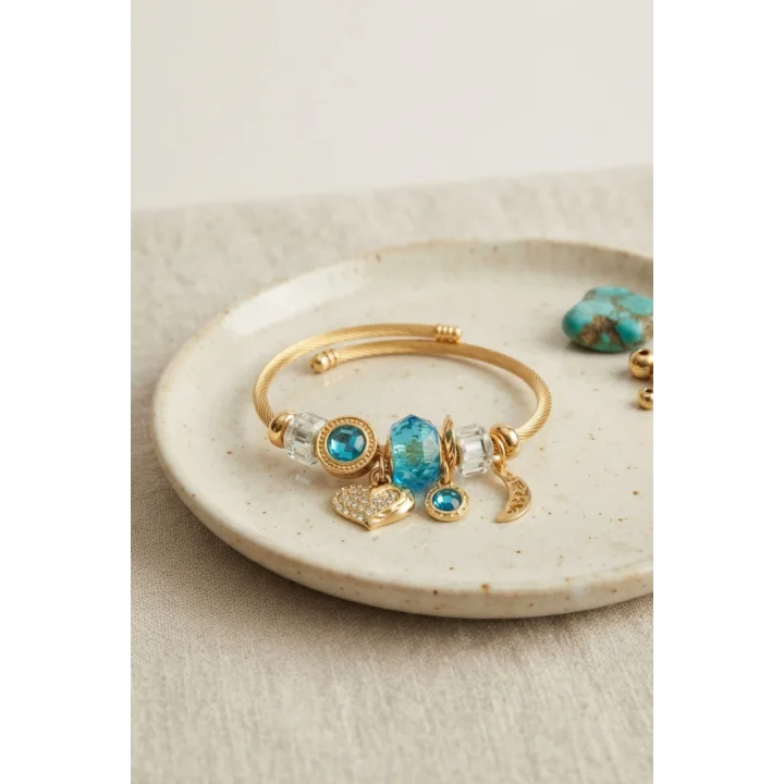 Mey İthalat® Kalp Model Gold Renk Mavi Charmlı Bileklik