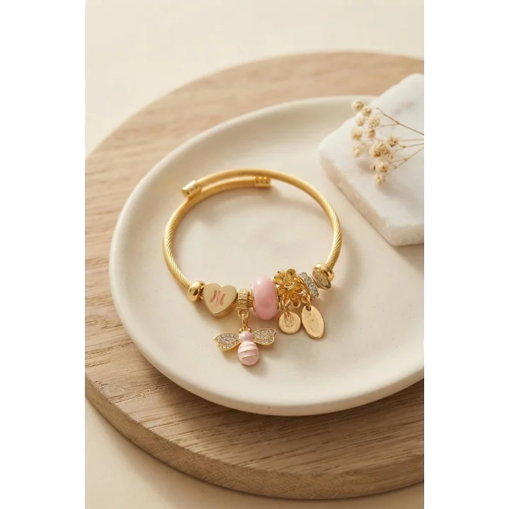 Mey İthalat® Kalp ve Arı Model Pembe Charmlı Bileklik