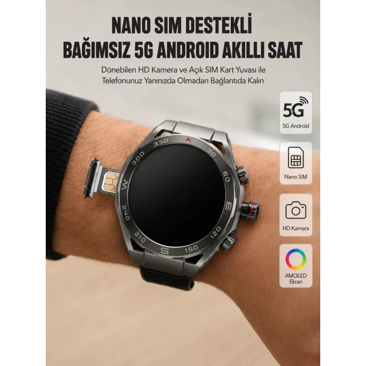 Mey İthalat® Kameralı 5G Android Akıllı Saat AMOLED Ekran Wi-Fi GPS SIM Kart Destekli