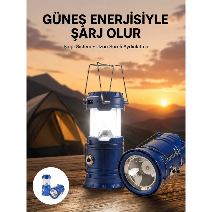 Mey İthalat® Kamp Feneri Şarj Edilebilir Güneş Enerjili Işıldak USB Şarjlı