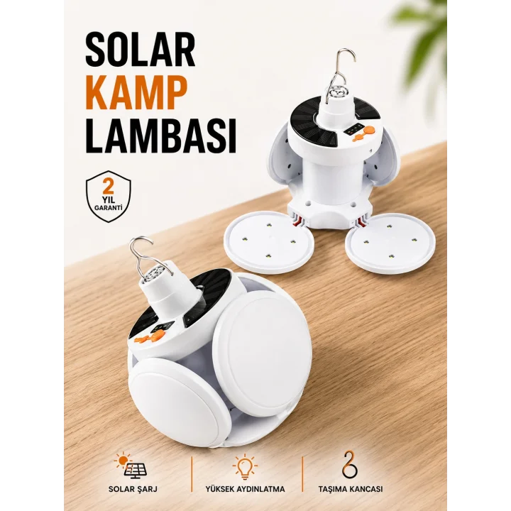 Mey İthalat® Kamp Lambası Işıldak Beyaz Işık Güneş Enerjili Solar Aydınlatma 5 Kanatlı Katlanabilir