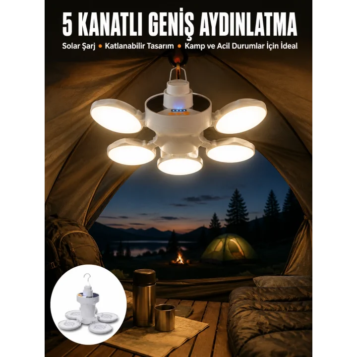Mey İthalat® Kamp Lambası Işıldak Beyaz Işık Güneş Enerjili Solar Aydınlatma 5 Kanatlı Katlanabilir Yeni Nesil