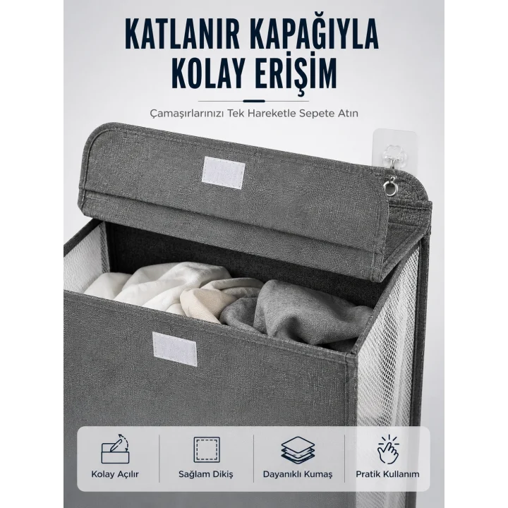 Mey İthalat® Kapaklı Duvar Tipi Kirli Çamaşır Sepeti Yer Tasarrufu Sağlayan