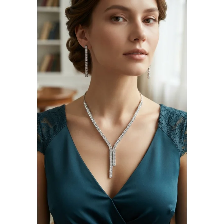 Mey İthalat® Kare Zirkon Taşlı Su Yolu Kolye ve Küpe Set