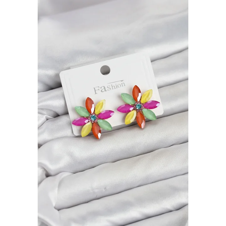 Mey İthalat® Karışık Renk Kristal Taşlı Lotus Çiçek Model Kadın Küpe