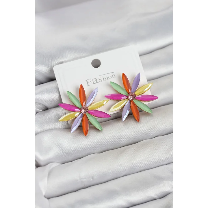 Mey İthalat® Karışık Renk Kristal Taşlı Lotus Model Kadın Küpe