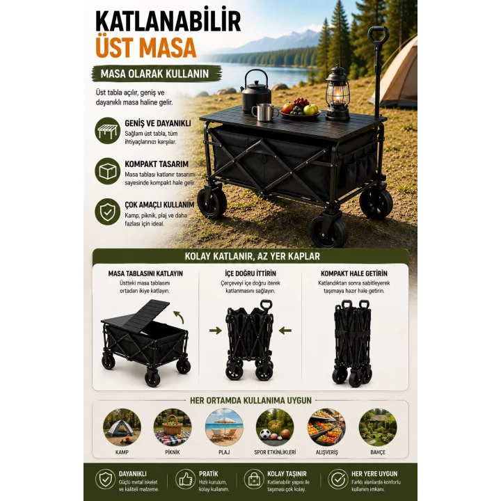 Mey İthalat® Katlanabilir Kamp Arabası Üst Tablalı 130 Kg Taşıma Kapasiteli Geniş Tekerlekli Çekçek