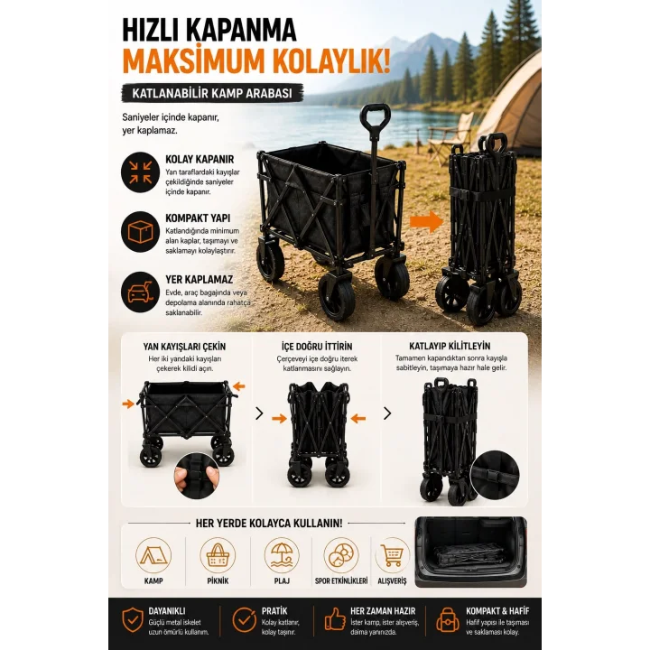 Mey İthalat® Katlanabilir Kamp Arabası Üst Tablalı 130 Kg Taşıma Kapasiteli Geniş Tekerlekli Çekçek