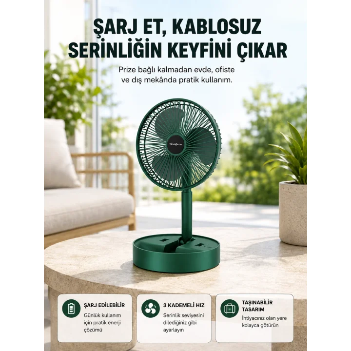 Mey İthalat® Katlanabilir Şarjlı Mini Fan 3 Kademeli Hız Ayarlı Taşınabilir