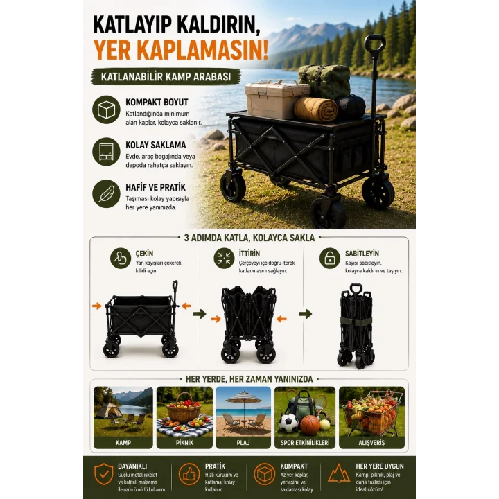 Mey İthalat® Katlanır Kamp Arabası 130 Kg Kapasiteli Üst Tablalı Kalın Tekerlekli Çok Amaçlı Taşıma Arabası