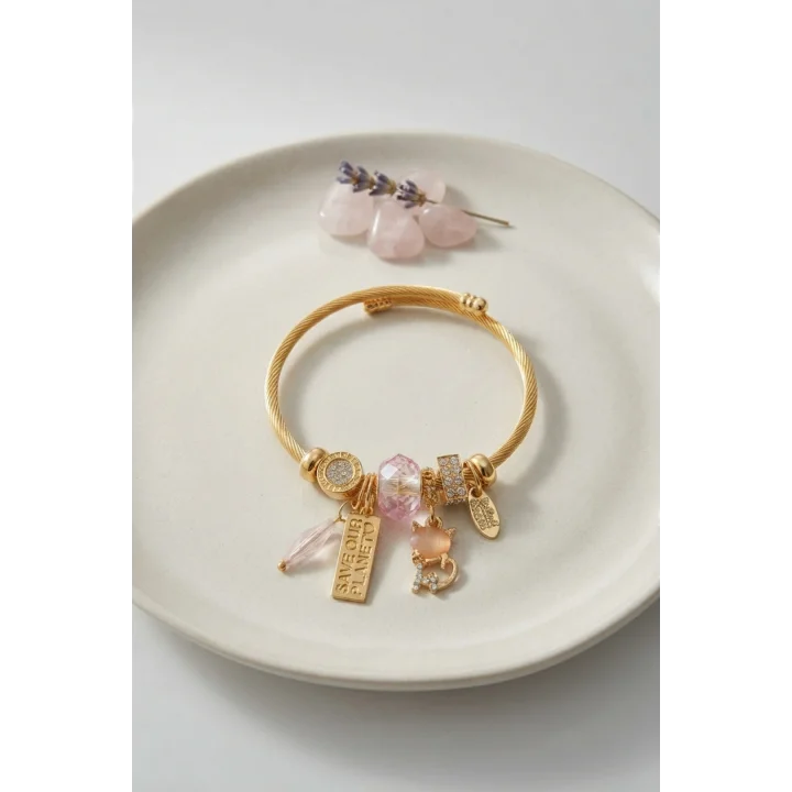 Mey İthalat® Kedili Model Pembe Charmlı Bileklik