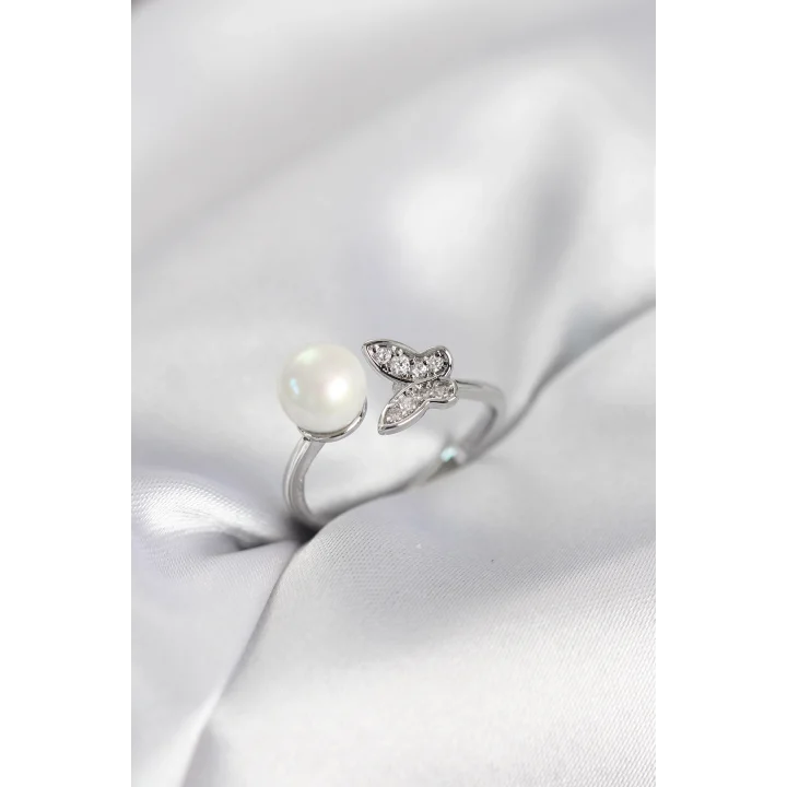 Mey İthalat® Kelebek İncili Model Gümüş Renk Zirkon Taşlı Kadın Yüzük