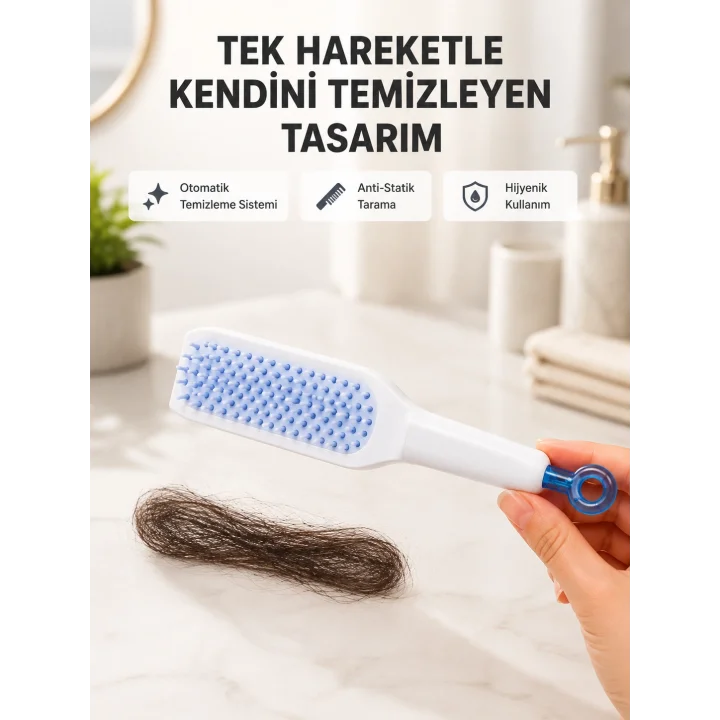 Mey İthalat® Kendi Kendini Temizleyen Saç Tarağı – Anti-Statik, Silikon Uçlu, ABS Malzeme, 22x4 cm