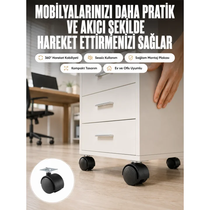 Mey İthalat® Kilitsiz 4 cm Tekerlek Ayak 4’lü Set Sessiz ve Dayanıklı
