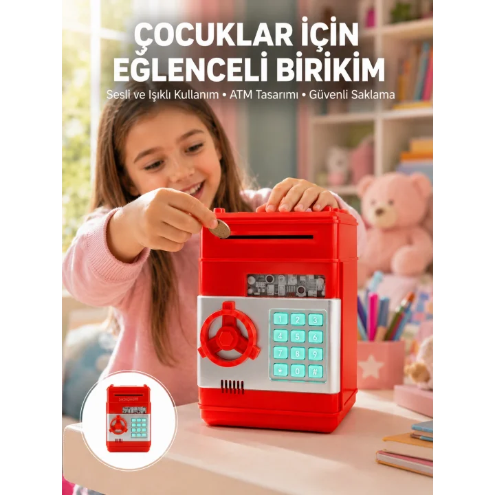 Mey İthalat® Kırmızı ATM Kasa Tipi Para Biriktirme Kumbarası