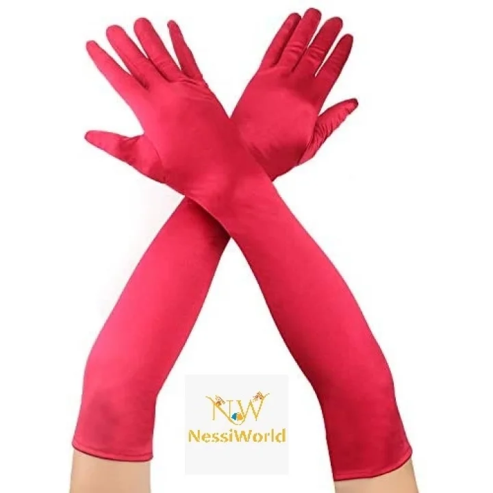 Mey İthalat® Kırmızı Renk Dirseğe Kadar Uzun Kumaş Eldiven 40 cm