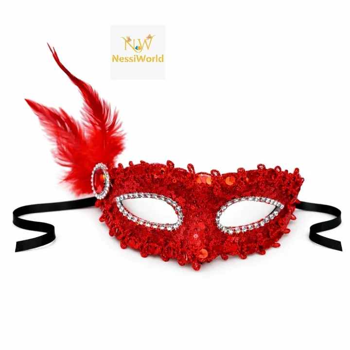 Mey İthalat® Kırmızı Taşlı Venedik Parti Maskesi – Tüylü Payetli