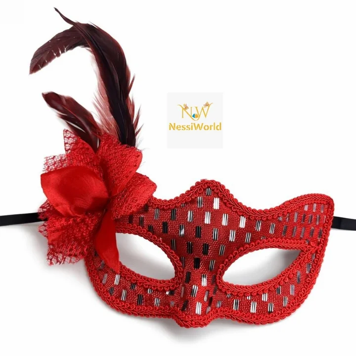 Mey İthalat® Kırmızı Tüylü Balo Maskesi Kadın Parti Aksesuarı