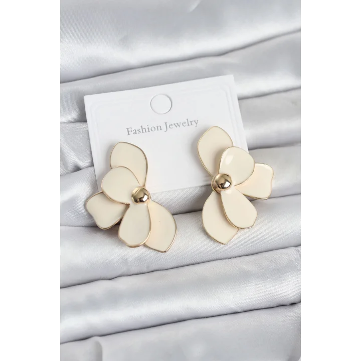 Mey İthalat® Krem Mineli Lotus Model Pirinç Kadın Küpe