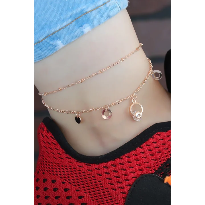Mey İthalat® Kristal Taşlı Halkalı Rose Renk Çift Zincirli Hal Hal