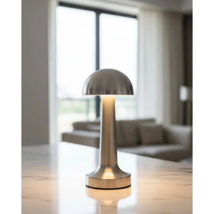 Mey İthalat® Krom Mantar Masa Lambası Dokunmatik 3 Renk LED Şarjlı Taşınabilir Gece Lambası