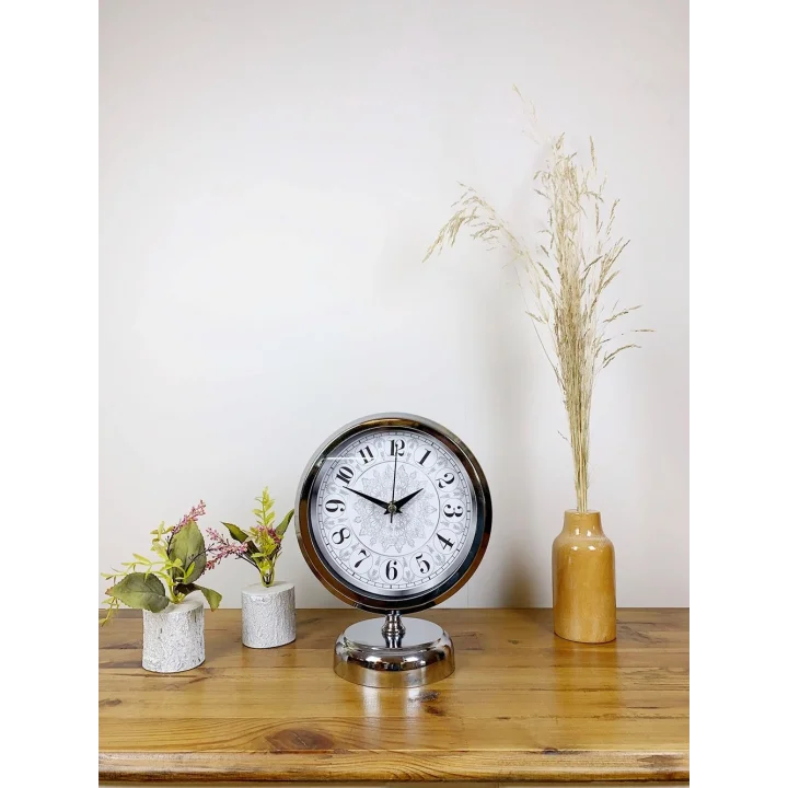 Mey İthalat® Krom Metal Çini Desen Masa Saati 25×20 cm