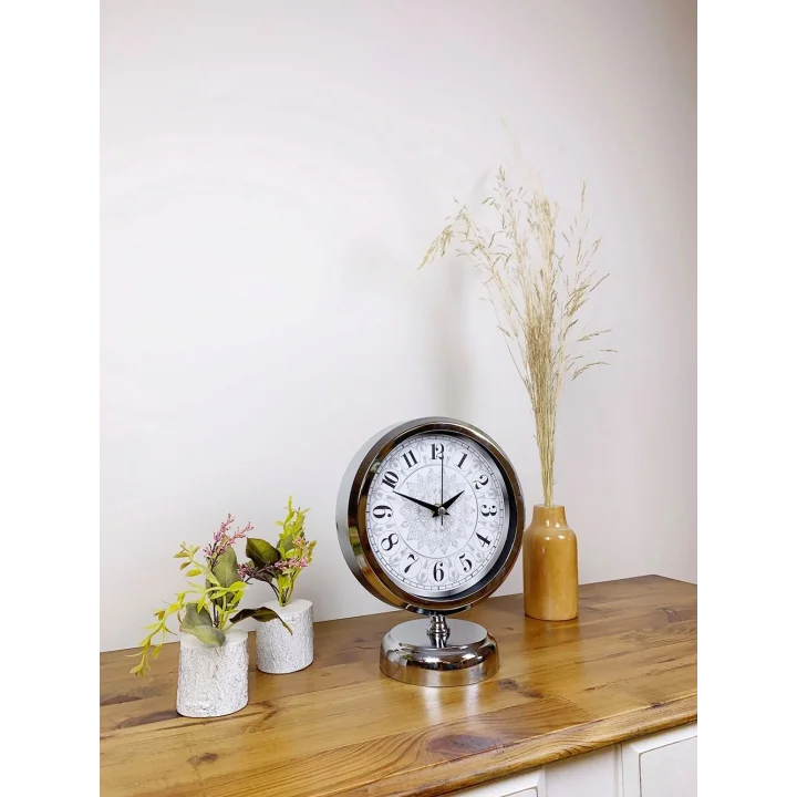 Mey İthalat® Krom Metal Çini Desen Masa Saati 25×20 cm
