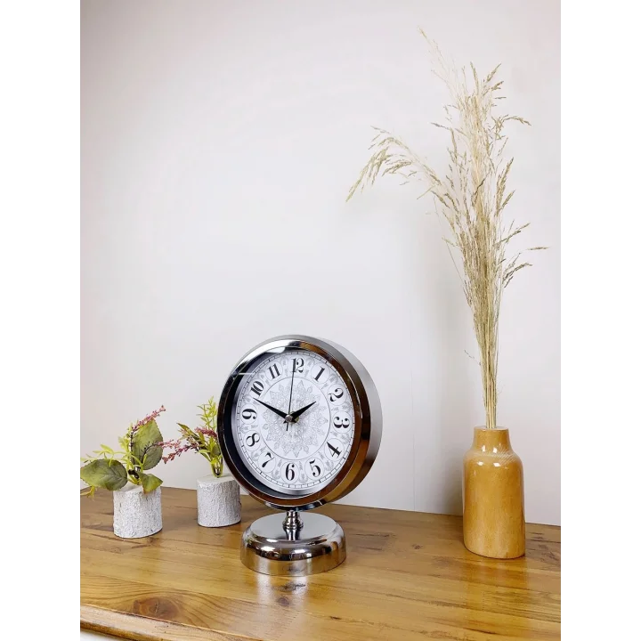 Mey İthalat® Krom Metal Çini Desen Masa Saati 25×20 cm