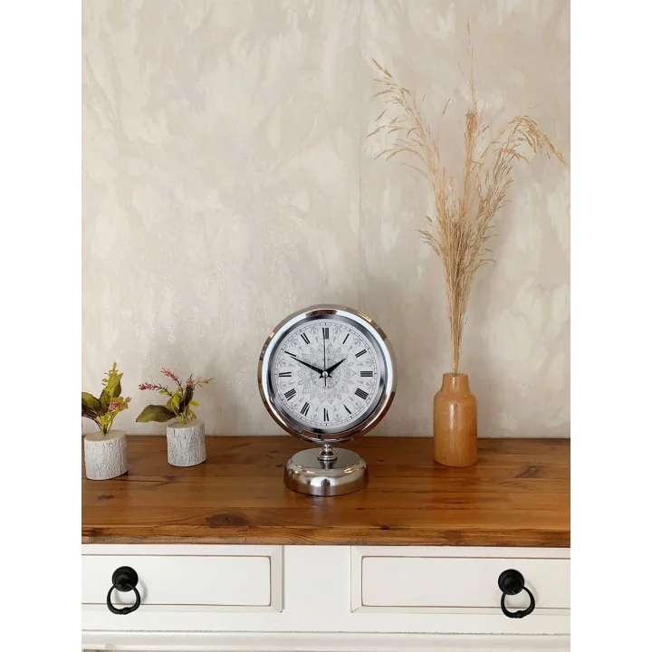 Mey İthalat® Krom Metal Çini Desen Roma Rakamlı Masa Saati