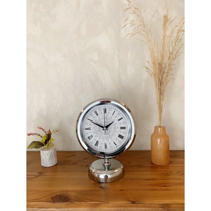 Mey İthalat® Krom Metal Çini Desen Roma Rakamlı Masa Saati