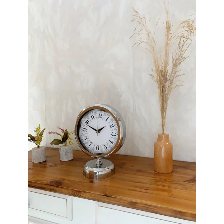 Mey İthalat® Krom Metal Desenli Masa Saati 25×20 cm