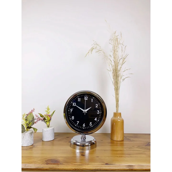 Mey İthalat® Krom Metal Gece Siyahı Masa Saati 25×20 cm