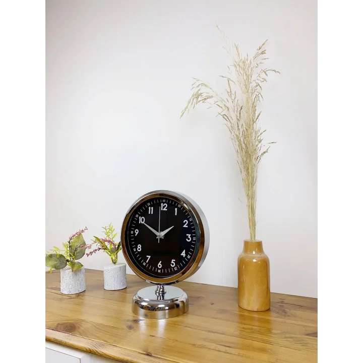 Mey İthalat® Krom Metal Gece Siyahı Masa Saati 25×20 cm