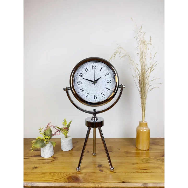Mey İthalat® Krom Metal Mini Tripod Çini Desen Masa Saati 45×26 cm