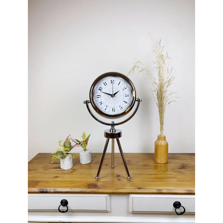 Mey İthalat® Krom Metal Mini Tripod Çini Desen Masa Saati 45×26 cm