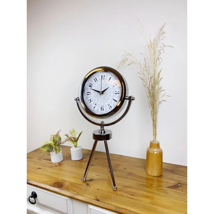 Mey İthalat® Krom Metal Mini Tripod Çini Desen Masa Saati 45×26 cm