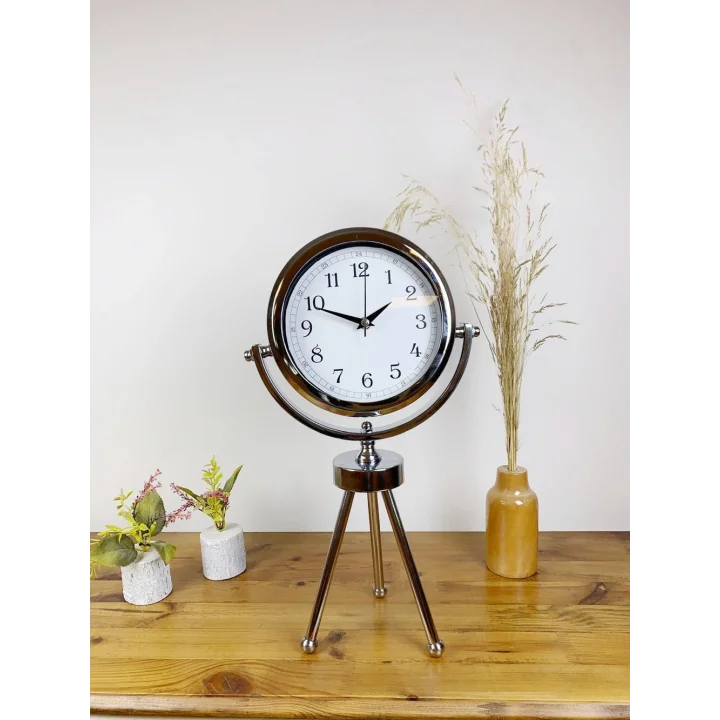 Mey İthalat® Krom Metal Mini Tripod Dekoratif Masa Saati 45×26 cm