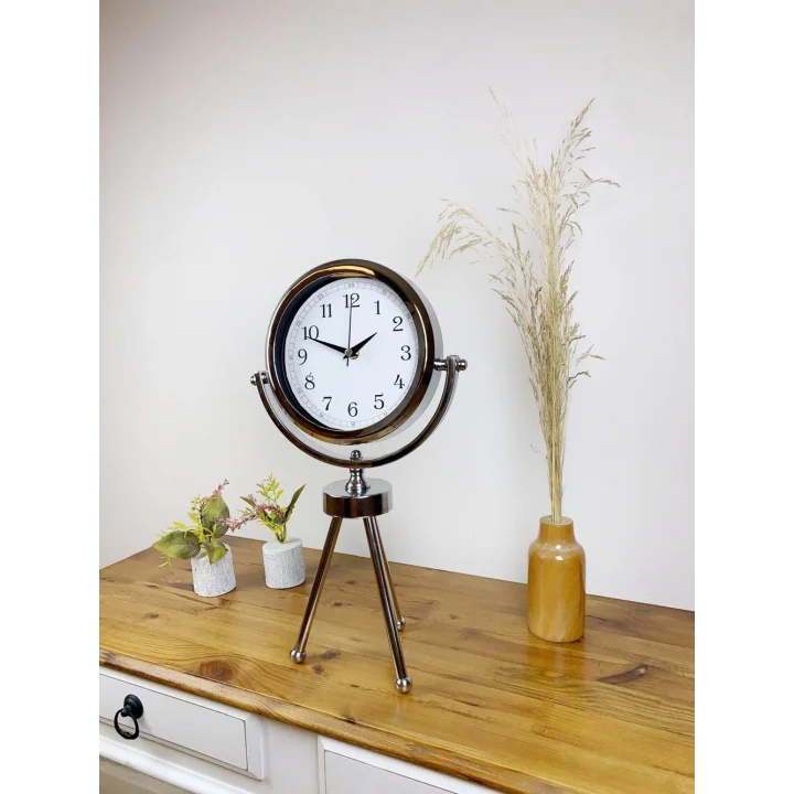 Mey İthalat® Krom Metal Mini Tripod Dekoratif Masa Saati 45×26 cm