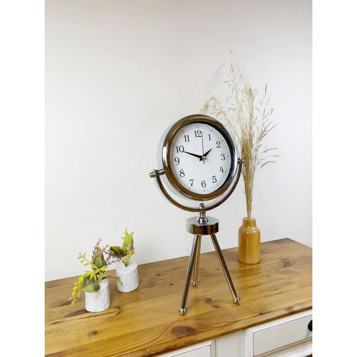 Mey İthalat® Krom Metal Mini Tripod Dekoratif Masa Saati 45×26 cm