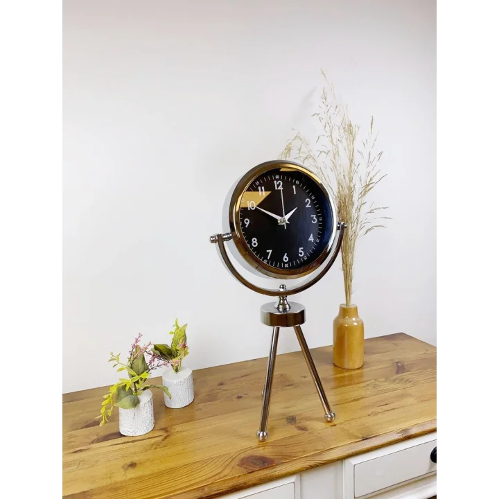 Mey İthalat® Krom Metal Mini Tripod Gece Siyahı Masa Saati 45×26 cm