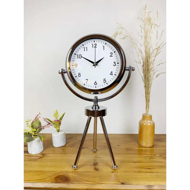 Mey İthalat® Krom Metal Mini Tripod Lüks Masa Saati 45×26 cm