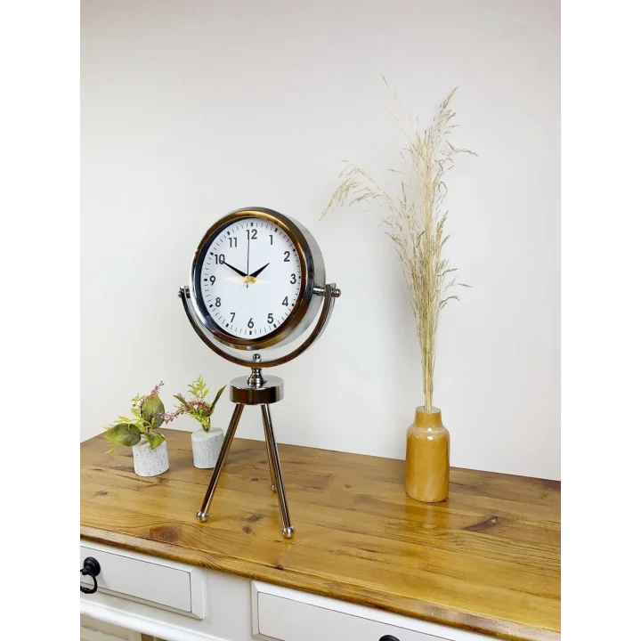 Mey İthalat® Krom Metal Mini Tripod Lüks Masa Saati 45×26 cm