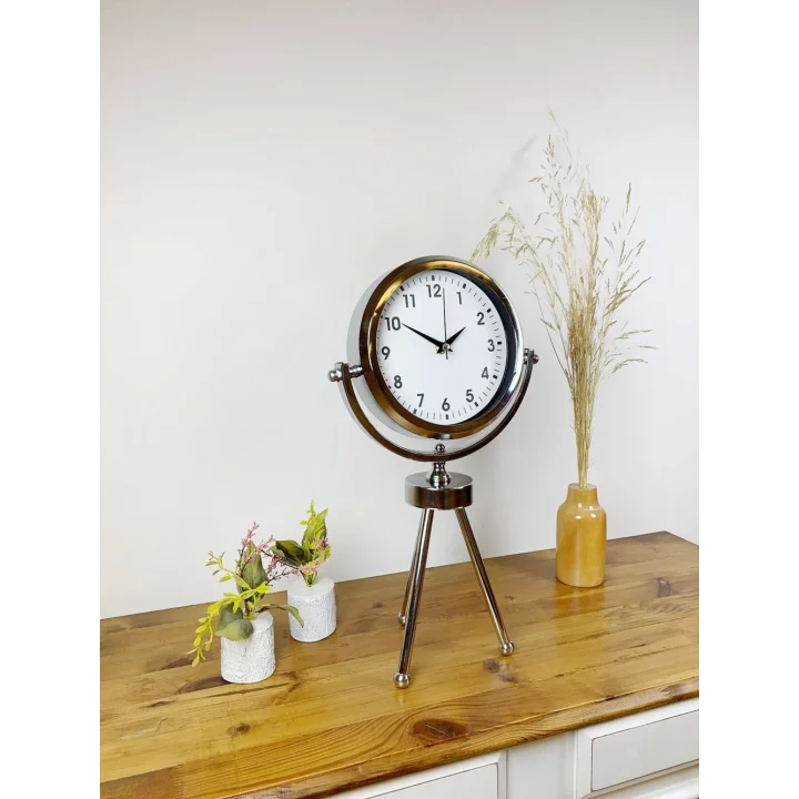 Mey İthalat® Krom Metal Mini Tripod Lüks Masa Saati 45×26 cm
