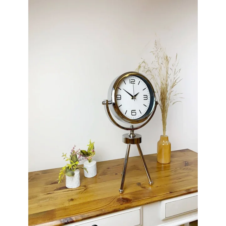 Mey İthalat® Krom Metal Mini Tripod Modern Masa Saati 45×26 cm