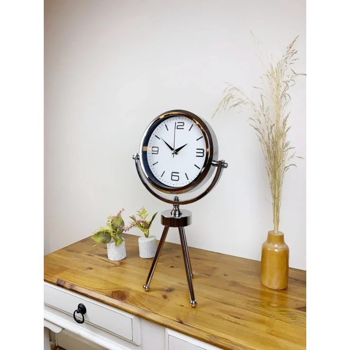 Mey İthalat® Krom Metal Mini Tripod Modern Masa Saati 45×26 cm