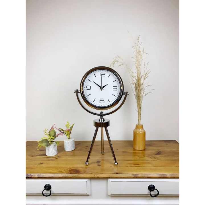 Mey İthalat® Krom Metal Mini Tripod Modern Masa Saati 45×26 cm