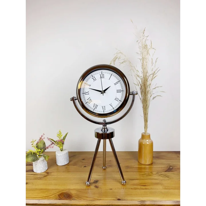 Mey İthalat® Krom Metal Mini Tripod Retro Masa Saati 45×26 cm