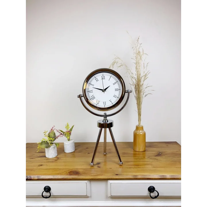 Mey İthalat® Krom Metal Mini Tripod Retro Masa Saati 45×26 cm