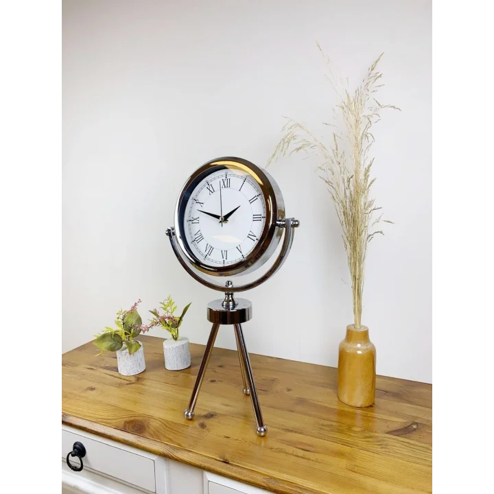 Mey İthalat® Krom Metal Mini Tripod Retro Masa Saati 45×26 cm