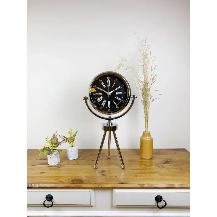 Mey İthalat® Krom Metal Mini Tripod Roma Rakamlı Masa Saati 45×26 cm